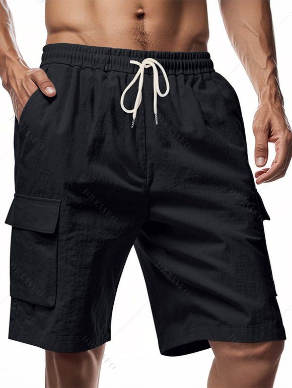 Short cargo droit pour homme, couleur unie, poches multiples, cordon de serrage, taille élastique, longueur genou, pour l'extérieur - Noir S