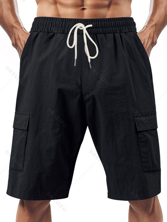 Short cargo droit pour homme, couleur unie, poches multiples, cordon de serrage, taille élastique, longueur genou, pour l'extérieur - Noir S