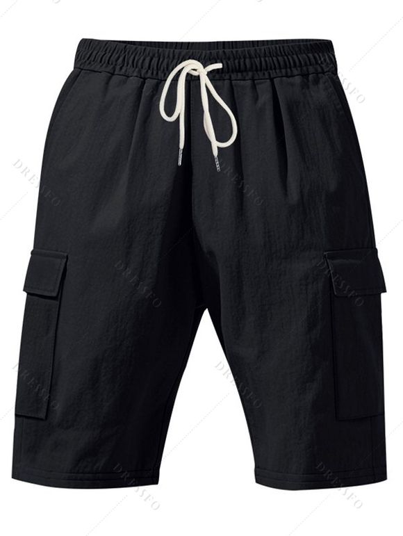 Short cargo droit pour homme, couleur unie, poches multiples, cordon de serrage, taille élastique, longueur genou, pour l'extérieur - Noir S
