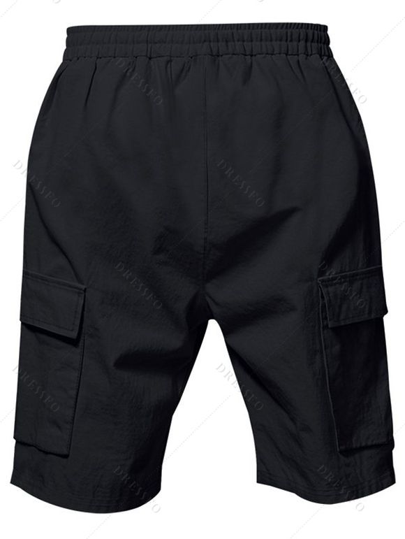 Short cargo droit pour homme, couleur unie, poches multiples, cordon de serrage, taille élastique, longueur genou, pour l'extérieur - Noir S
