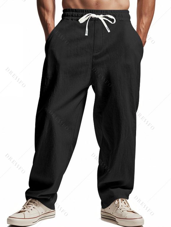 Pantalon décontracté pour homme, couleur unie, poches, cordon de serrage, taille élastique, jambes larges, long - Noir M