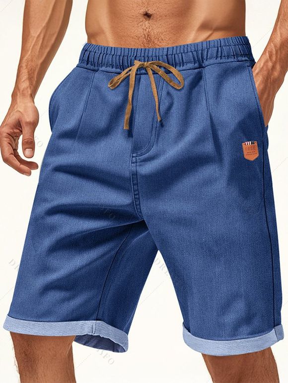 Short en jean pour homme avec cordon de serrage et taille élastique, longueur genou, ourlet retroussé - Bleu profond M