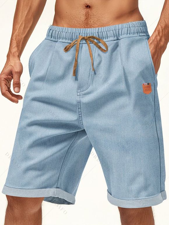 Short en jean pour homme avec cordon de serrage et taille élastique, longueur genou, ourlet retroussé - Bleu clair XXXL