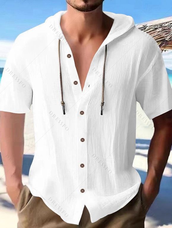 T-shirt à capuche boutonné à manches courtes pour homme, couleur unie, décontracté - Blanc XXXL