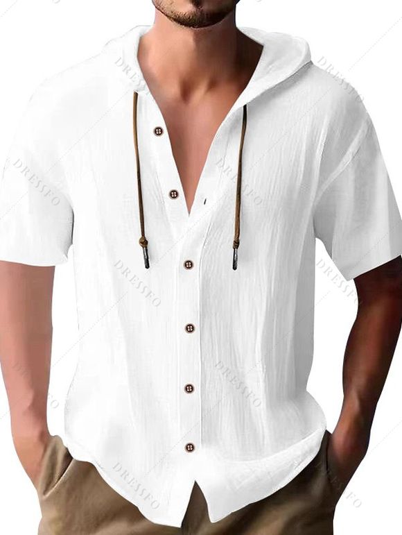 T-shirt à capuche boutonné à manches courtes pour homme, couleur unie, décontracté - Blanc L