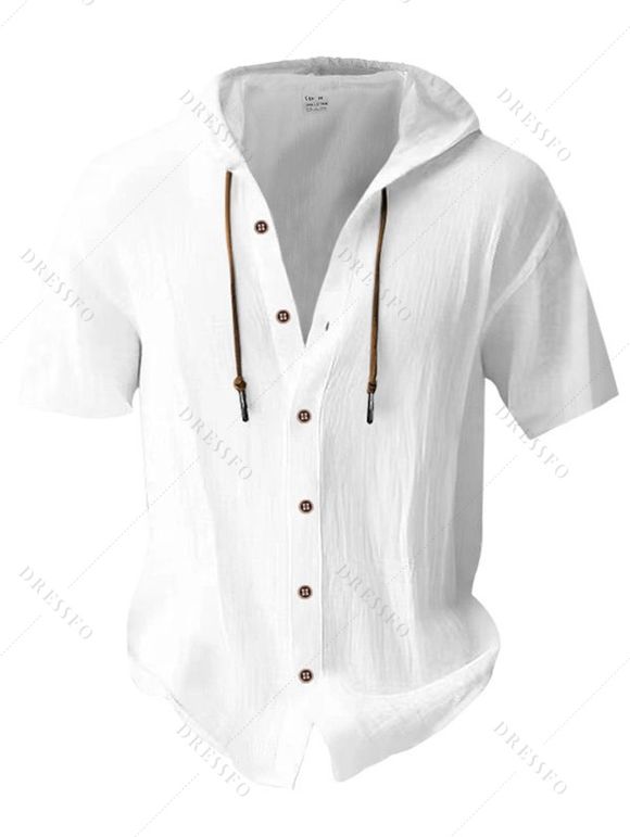 T-shirt à capuche boutonné à manches courtes pour homme, couleur unie, décontracté - Blanc L