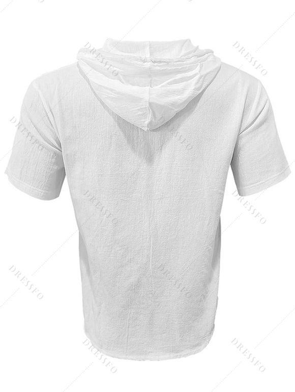 T-shirt à capuche boutonné à manches courtes pour homme, couleur unie, décontracté - Blanc L