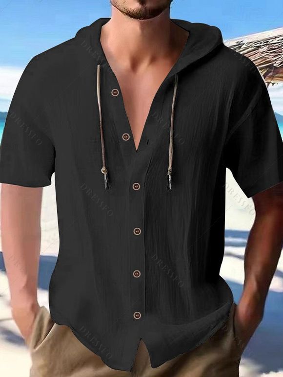 T-shirt à capuche boutonné à manches courtes pour homme, couleur unie, décontracté - Noir XXXL