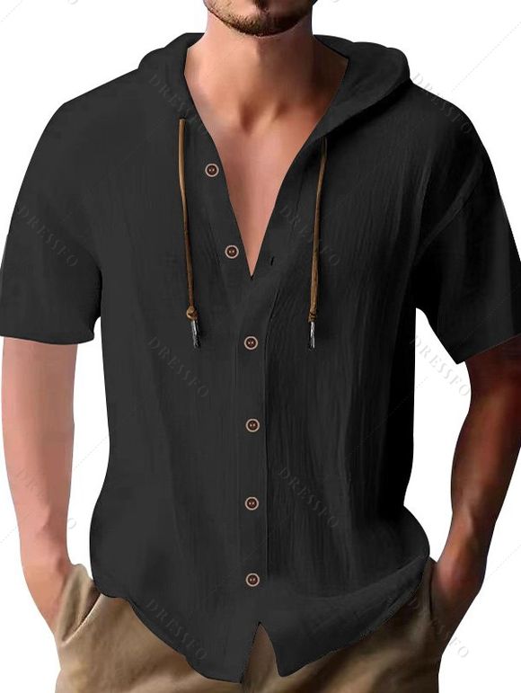 T-shirt à capuche boutonné à manches courtes pour homme, couleur unie, décontracté - Noir M