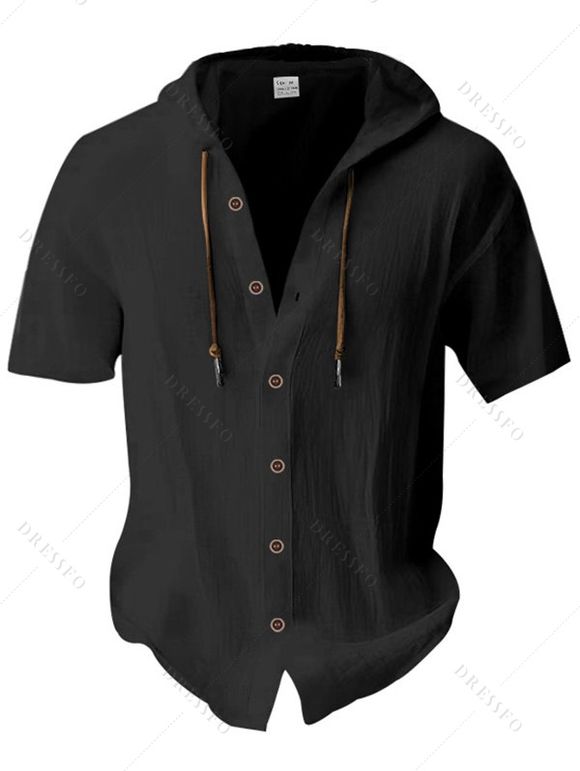 T-shirt à capuche boutonné à manches courtes pour homme, couleur unie, décontracté - Noir M