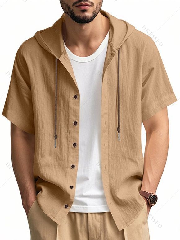 T-shirt à capuche boutonné à manches courtes pour homme, couleur unie, décontracté - café lumière XXXL