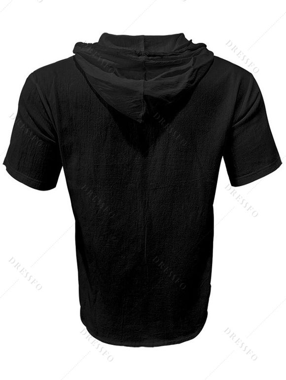 T-shirt à capuche boutonné à manches courtes pour homme, couleur unie, décontracté - Noir M