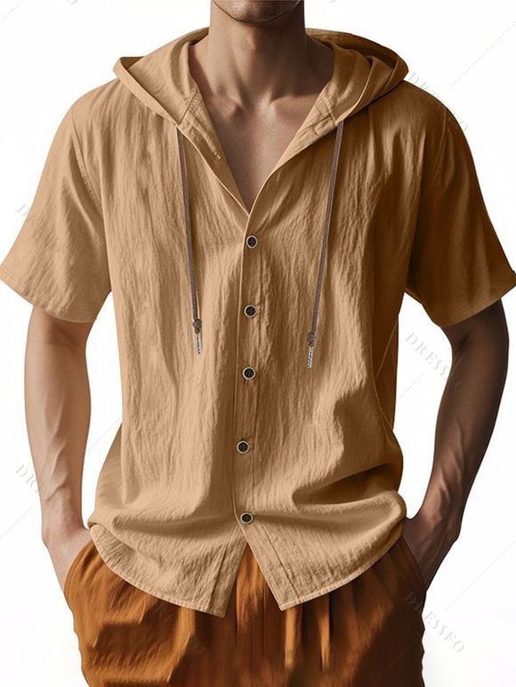 T-shirt à capuche boutonné à manches courtes pour homme, couleur unie, décontracté - café lumière XXL