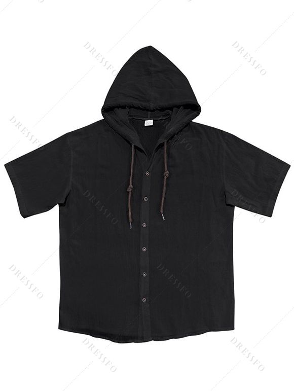 T-shirt à capuche boutonné à manches courtes pour homme, couleur unie, décontracté - Noir M