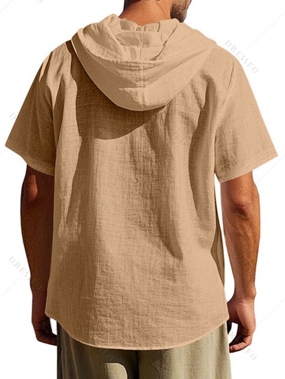 T-shirt à capuche boutonné à manches courtes pour homme, couleur unie, décontracté - café lumière XXL