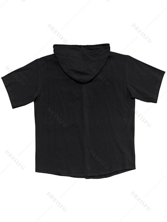 T-shirt à capuche boutonné à manches courtes pour homme, couleur unie, décontracté - Noir M