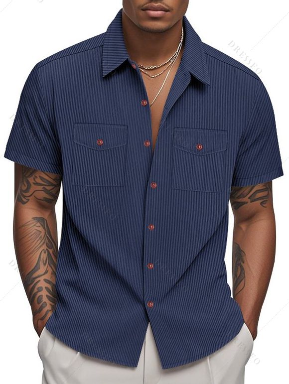 Chemise décontractée en velours côtelé à col rabattu et à boutons pour homme, couleur unie, texturée, avec poche avant - Bleu XXXL