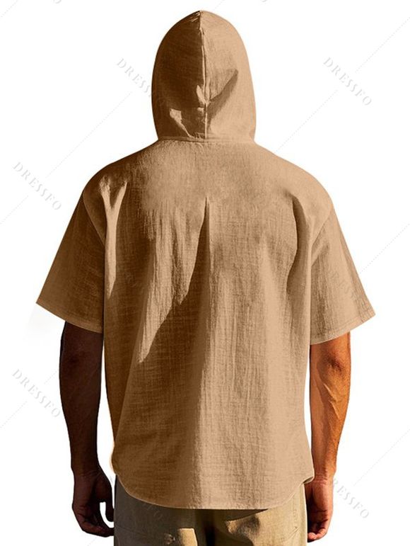 T-shirt à capuche boutonné à manches courtes pour homme, couleur unie, décontracté - café lumière XXL