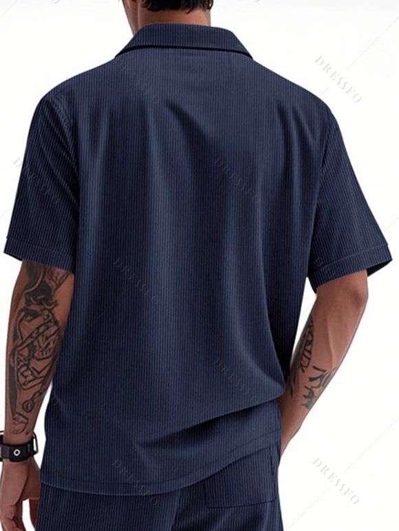 Chemise décontractée en velours côtelé à col rabattu et à boutons pour homme, couleur unie, texturée, avec poche avant - Bleu XL