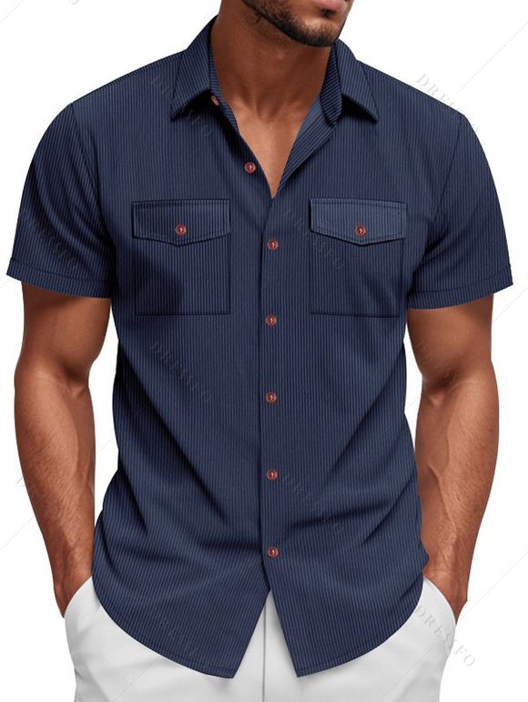 Chemise décontractée en velours côtelé à col rabattu et à boutons pour homme, couleur unie, texturée, avec poche avant - Bleu XL
