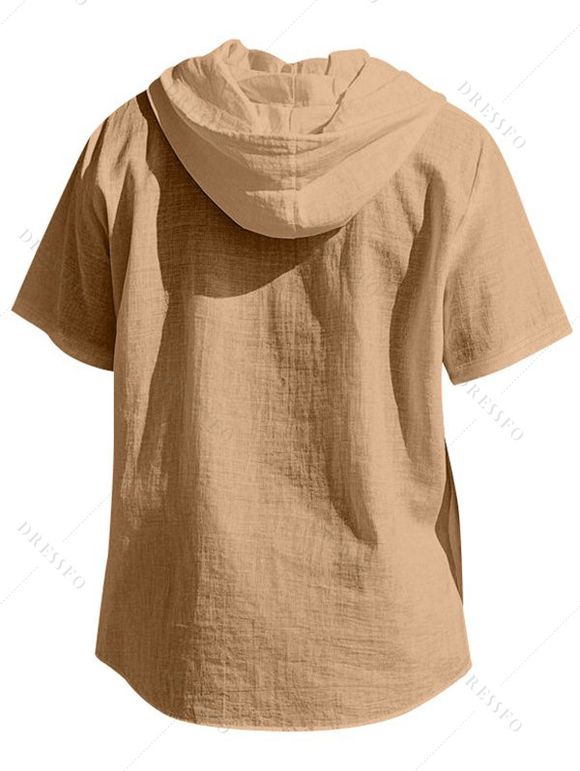 T-shirt à capuche boutonné à manches courtes pour homme, couleur unie, décontracté - café lumière XXL