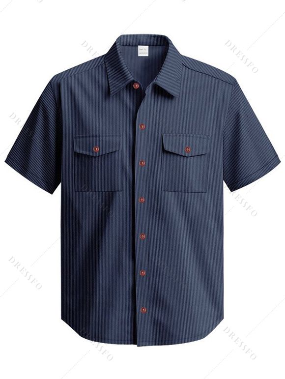 Chemise décontractée en velours côtelé à col rabattu et à boutons pour homme, couleur unie, texturée, avec poche avant - Bleu XL