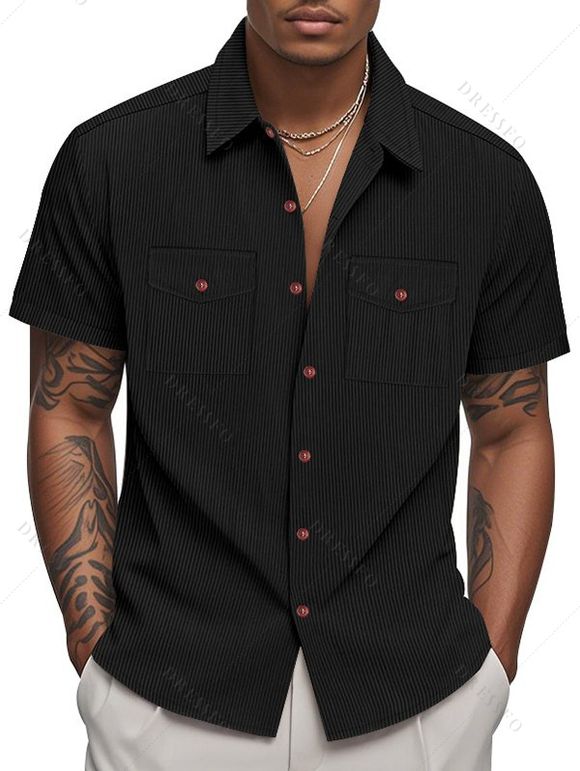 Chemise décontractée en velours côtelé à col rabattu et à boutons pour homme, couleur unie, texturée, avec poche avant - Noir XXXL