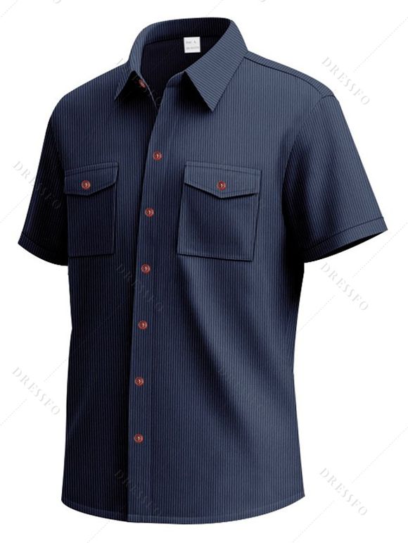 Chemise décontractée en velours côtelé à col rabattu et à boutons pour homme, couleur unie, texturée, avec poche avant - Bleu XL