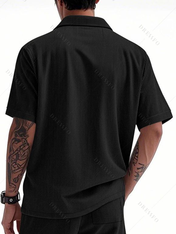 Chemise décontractée en velours côtelé à col rabattu et à boutons pour homme, couleur unie, texturée, avec poche avant - Noir XXL