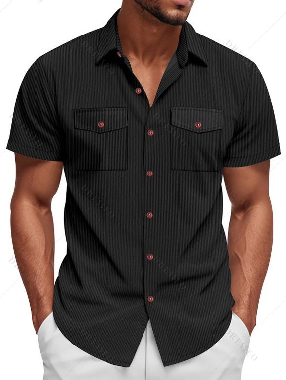 Chemise décontractée en velours côtelé à col rabattu et à boutons pour homme, couleur unie, texturée, avec poche avant - Noir XXL
