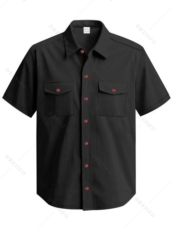 Chemise décontractée en velours côtelé à col rabattu et à boutons pour homme, couleur unie, texturée, avec poche avant - Noir XXL