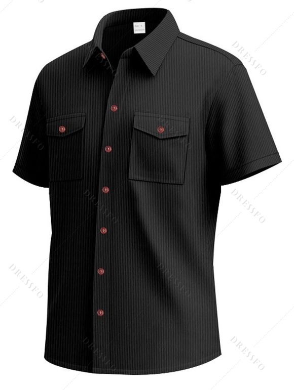 Chemise décontractée en velours côtelé à col rabattu et à boutons pour homme, couleur unie, texturée, avec poche avant - Noir XXL