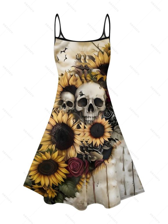 Robe gothique à motif de roses et de tournesols, bretelles spaghetti, col en V, coupe trapèze, mini-robe de vacances - café lumière XL | US 12