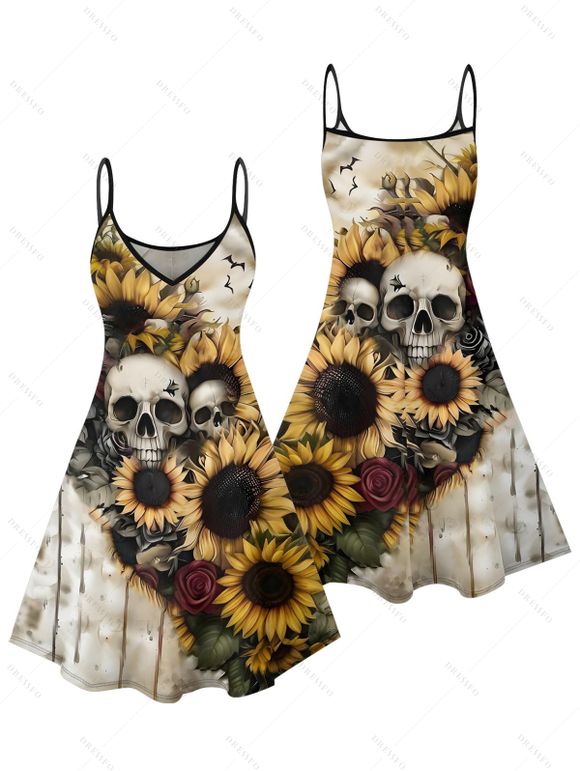 Robe gothique à motif de roses et de tournesols, bretelles spaghetti, col en V, coupe trapèze, mini-robe de vacances - café lumière XL | US 12