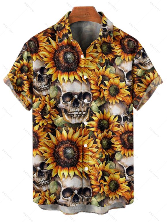 Chemise gothique à manches courtes et boutons pour homme, motif tête de mort et tournesol, style vacances - Blanc 5XL