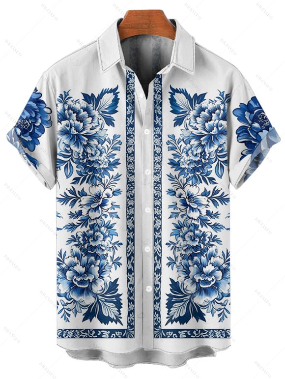 Chemise de vacances à imprimé floral ethnique pour homme, boutonnée, retroussée, manches courtes, décontractée - Bleu 5XL