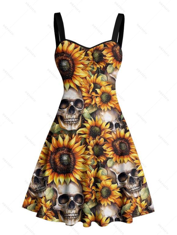 Robe gothique à motif de têtes de mort et de tournesols, buste froncé, ceinture, décolleté en cœur, mini robe de vacances trapèze - orange clair XXXXXL | US 20
