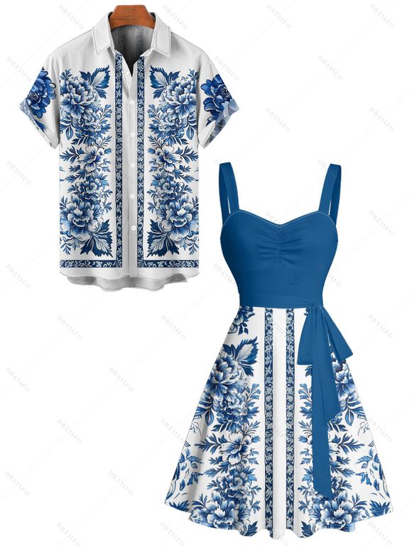 Vacation Couple Outfit Floral Ethnic Print Ruched Bust Belt Sweetheart Neck Dress and Button Up Shirt Matching Outfit - Bleu S | US 4