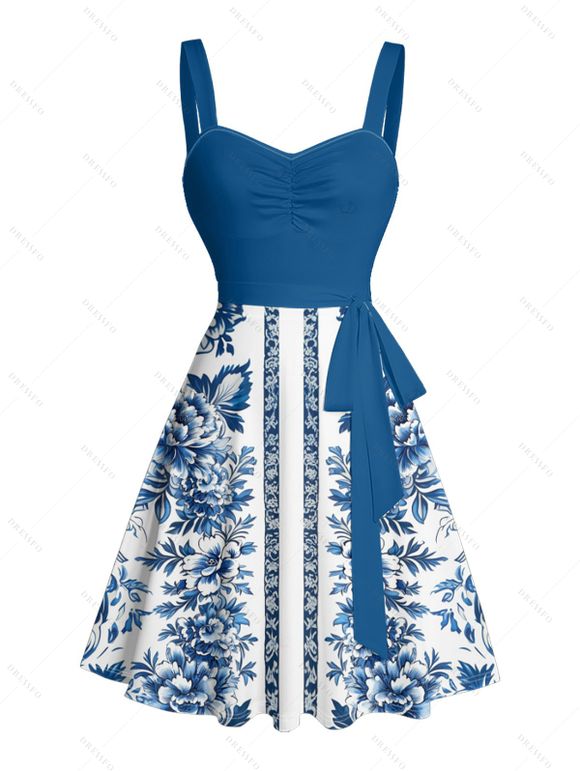 Vacation Couple Outfit Floral Ethnic Print Ruched Bust Belt Sweetheart Neck Dress and Button Up Shirt Matching Outfit - Bleu S | US 4