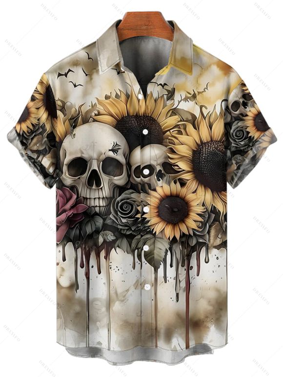 Chemise gothique à manches courtes et boutons pour homme, motif tête de mort, tournesol et rose, idéale pour les vacances - café lumière 5XL