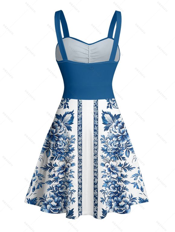 Vacation Couple Outfit Floral Ethnic Print Ruched Bust Belt Sweetheart Neck Dress and Button Up Shirt Matching Outfit - Bleu S | US 4