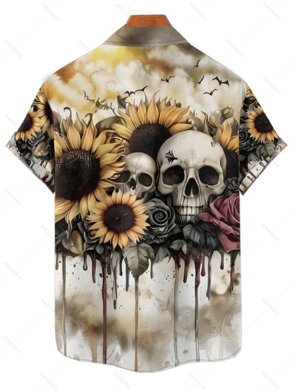 Chemise gothique à manches courtes et boutons pour homme, motif tête de mort, tournesol et rose, idéale pour les vacances - café lumière S