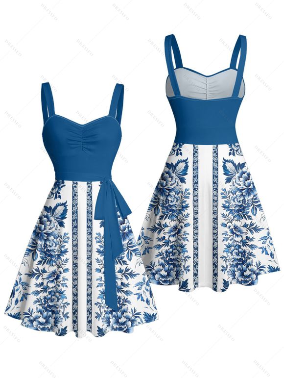 Vacation Couple Outfit Floral Ethnic Print Ruched Bust Belt Sweetheart Neck Dress and Button Up Shirt Matching Outfit - Bleu S | US 4