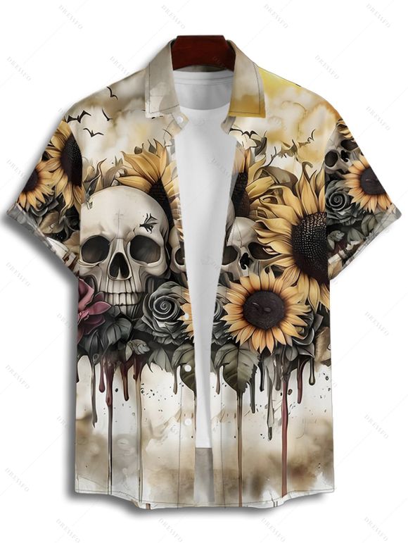 Chemise gothique à manches courtes et boutons pour homme, motif tête de mort, tournesol et rose, idéale pour les vacances - café lumière S