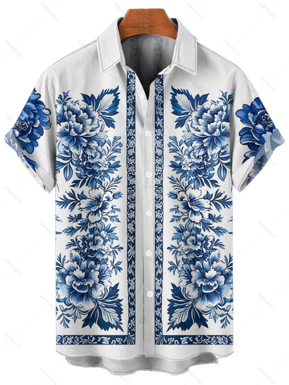 Vacation Couple Outfit Floral Ethnic Print Ruched Bust Belt Sweetheart Neck Dress and Button Up Shirt Matching Outfit - Bleu S | US 4
