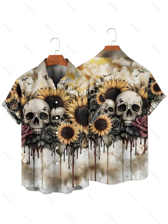 Chemise gothique à manches courtes et boutons pour homme, motif tête de mort, tournesol et rose, idéale pour les vacances - café lumière S