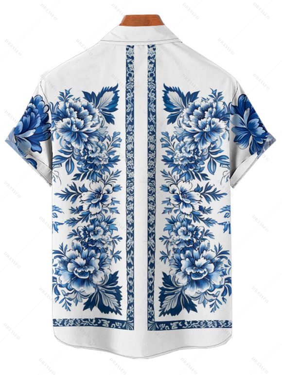 Vacation Couple Outfit Floral Ethnic Print Ruched Bust Belt Sweetheart Neck Dress and Button Up Shirt Matching Outfit - Bleu S | US 4
