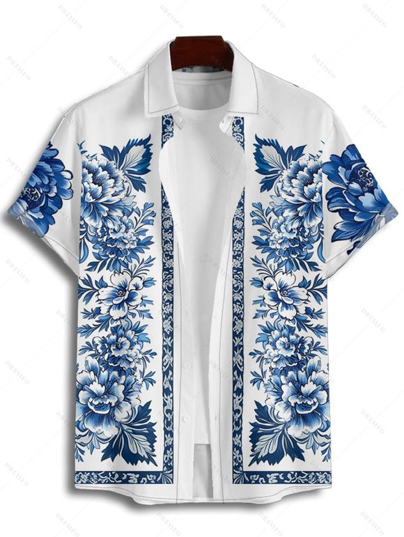 Vacation Couple Outfit Floral Ethnic Print Ruched Bust Belt Sweetheart Neck Dress and Button Up Shirt Matching Outfit - Bleu S | US 4