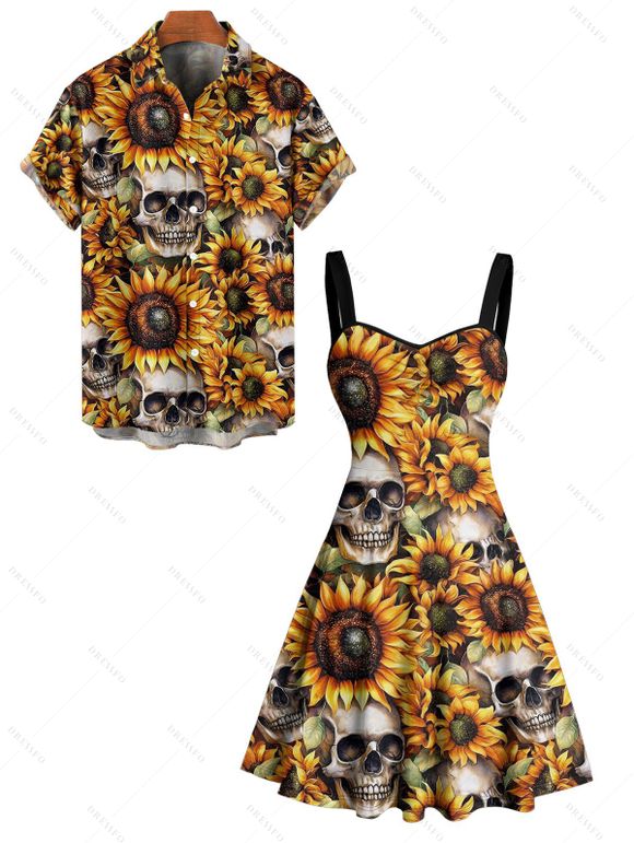 Gothic Couple Outfit Allover Sunflower Skulls Pattern Ruched Bust Belt Sweetheart Neck Dress and Button Up Shirt Vacation Matching Outfit - orange clair S | US 4