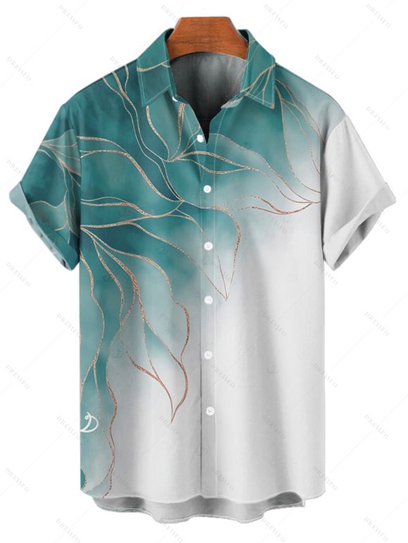 Chemise de vacances à motif de feuilles pailletées ombrées pour homme, chemise décontractée à manches courtes et boutonnée et retroussable - Vert clair 5XL